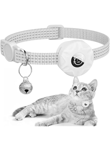 TOMVAES AirTag Cat Reflective Collar with Safety Buckle and Bell, Kitten Collar Breakaway Air Tag with Waterproof Airtag Holder for Small Pets Cats Puppies Kitte (White)