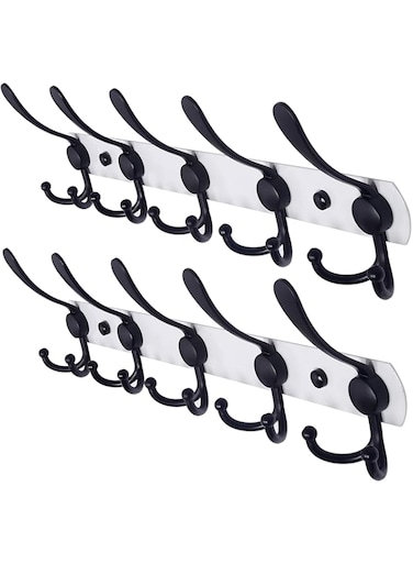 Dseap Wall Mounted Coat Rack - 5 Tri Hooks, Heavy Duty, Stainless Steel, Metal Coat Hook Rail for Coat Hat Towel Purse Robes Mudroom Bathroom Entryway (White &amp; Black, 2 Packs)