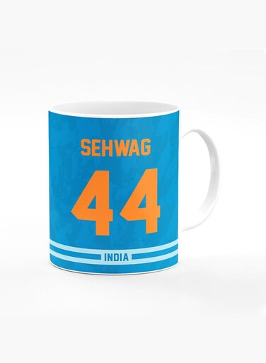 Designer Printed Coffee Mug with Heavy Duty Handle 11oz Ceramic Personalised Gift Mugs Cup [Microwave Safe &amp; Dishwasher Proof ] - Cricket Player - Virender Sehwag, Jersey Number - 44