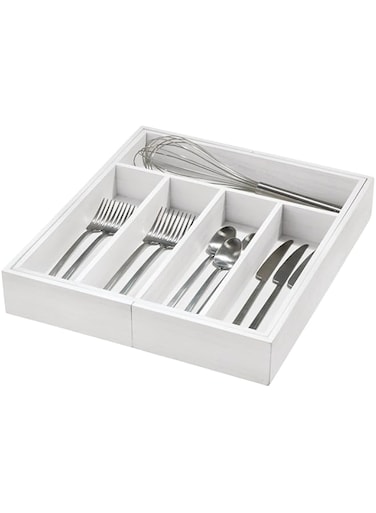 iDesign Renewable Paulownia Wood Collection Expandable Flatware and Cutlery Tray, 15" x 12"-22", White Wash