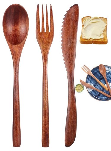 PCS Wooden Utensils For Eating, Wooden Tableware Reusable Wood Spoons Forks Scraper Wood Utensil Set Flatware Tableware Cutlery Set For Daily Use Family Home Travel Camping