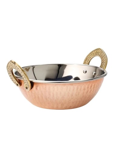 13cm Stainless Steel Copper Base Serving Kadai with Hand Crafted Patterned Handles for Authentic Indian Dining Restaurant Style Food Presentation and Home Kitchen Use