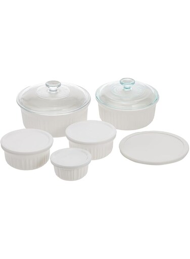 CorningWare FRENCH WHITE 11PC ROUND SET WITH GLASS LID/PLASTIC COVERS (1116557)