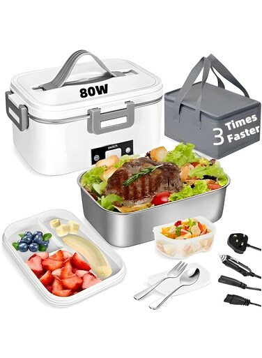 Electric Heated Lunch Box for Adults,80W Food Heated 12V 24V 220V Portable Food Warmer Heater,1.8L Leakproof Self Heating Lunch Box Container with Lid for Car Truck Office Home Travel Camping