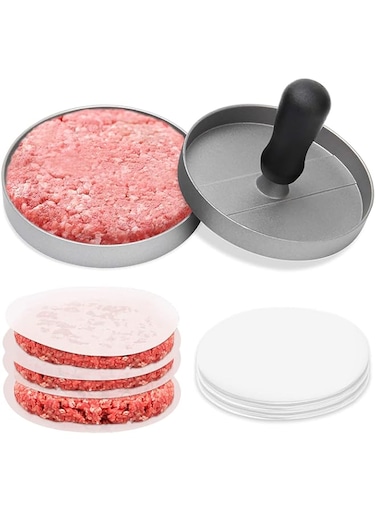 WIWAPLEX Non-Stick Burger Press Set - Perfectly Formed Hamburger Maker with 100 Wax Patty Paper Sheets Aluminum Burger Press Model Maker for BBQ Grill