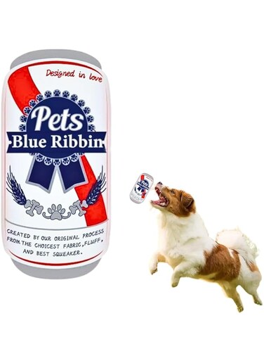 PETSARY Dog Blue Ribbon Drink Can Toy - Soft Soda Can Shape Drink Toy - Funny Plush and Squeaky Drink Parody Toy - Dog Cool Teething Chew Cold Toy - Stuffed Entertaining Interactive Toy (Blue Ribbon)
