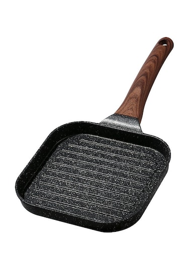 LIFE Griddle Pan 18Cm (7 inch Grill Pan)   Aluminum  Induction base  Non-stick coating   Scratch Resistant &amp; Durable   Soft touch wooden esthetic handle, Black