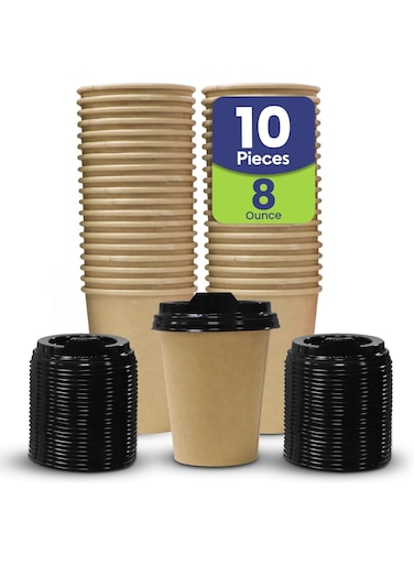 Packing 8 oz (Pack of 10) Heavy Duty Disposable Coffee Paper Cup with Lid Brown- Single Wall Disposable Cups with Lid for Cold &amp; Hot Drinks - Ideal Coffee Cups Disposable for Cafes &amp; Offices.