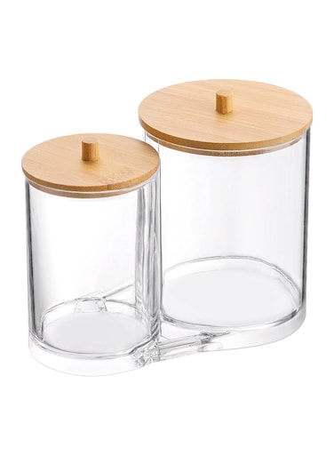 Clear Bathroom Organizer Jar with Wood Lid for Cotton Swabs Pads Balls Storage