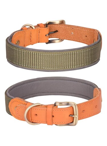 NALACAL Tactical Dog Collar,Genuine Leather Adjustable Military Training Dog Collar with Metal Buckle for Medium &amp; Large Dogs,Ultra Soft Cotton Padded Dog Collar Colorblock Style (XL)