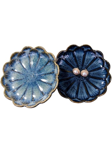 BOSILI Ceramic Jewelry Dish Ring Plate Tray Vintage Lotus Shaped Jewelry Key Bowl Ring Holder for Jewelry Wedding Engagement Gift Set of 2(Blue and Green)