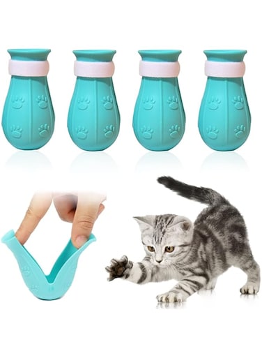 Cat Anti-Scratch Shoes 4 Pack, Pet Supplies Cat Scratch Deterrent Booties, Grooming Cat Accessories Silicone Nail Gloves, Adjustable Cat Claw Cover for Bathing Shaving Checking Treatment (Blue)