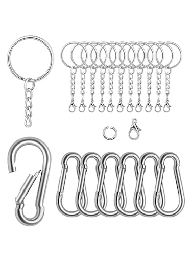 ELECTRFIRE Spring Snap Hooks Carabiner Key Ring with Chain, Gauge Swivel Spring Clip Open Jump Rings Nickel Plated Split Keyring with Keychain for Outdoor Hiking Camping Fishing DIY Keyring Craft