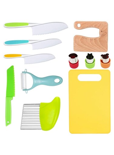 RISICULIS 11 Pieces Wooden Kids Kitchen Knife, Kids Knife Set Include Wood Kids Knife, Serrated Edges Plastic Toddler Knife, Crinkle Cutter, Sandwich Cutter, Y Peeler, Cutting Board