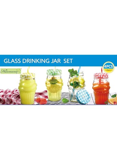 Harmony 4Pcs Set Glass Bottle With Metal Lid And Straw 450Ml