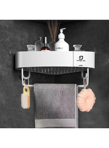 Corner Shower Shelf, Corner Shower Caddy Shelves with Hooks, Plastic Versatile Bathroom Storage Organizers, No Drilling Wall Mounted Shower Organizer for Small Bathrooms Kitchen (White)