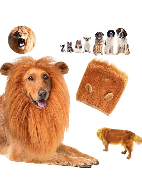 Azonee Lion Mane for Dog, Costume Realistic Lion Wig for Dogs, Pet Lion Mane with Ears for Medium &amp; Large Dogs, Fluffy Wig for Dog Costumes - Adjustable Size for Big Breeds (Light Brown)