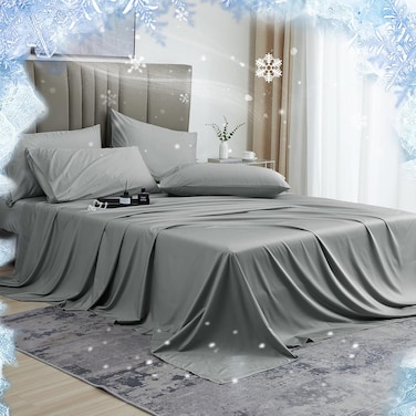 Home 6 Piece 100% Rayon Derived from Bamboo Cooling Queen Size Bedding Sheet Set, Luxury Silky Soft Breathable for Hot Sleeper, Includes 1 Fitted Sheet (150cm x 200cm) with 40 cm deep pocket,1 Flat Sheet (230cm x 260cm) and 4 Standard Pillowcases (50cm x 75cm), Grey
