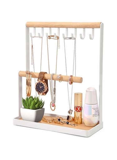 Diylove Jewelry Organizer Display Stand Holder with Wooden Ring Tray and Hooks Storage Necklaces Bracelets, Rings, Watches Metal Desk Organizer Stand (StyleA)