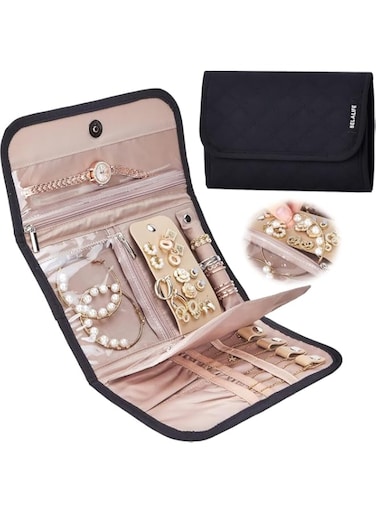 Azonee Foldable Travel Jewelry Organizer, Portable Jewelry Storage Roll for Earrings, Necklaces, Rings, Bracelets, Brooches, Compact and Stylish, Black