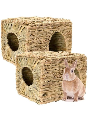 Young Wolf Pair of Grass Foldable Woven Animal Hut Bunny House Play Hideaway Bed Hay Mat for Rabbit Guinea Pigs Gerbils Hamster and Small Animals
