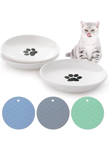 Dorakitten Ceramic Cat Food Plates: Cat Wet Food Bowls Cat Feeding Wide Bowls to Stress Relief of Whisker Fatigue Cat Dishes, Shallow Bowls for Kittens and Small Animals with Non-Slip Mat2
