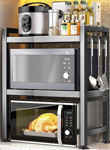 Microwave Stand 2-Tier Microwave Oven Rack With 6 Hooks Expandable Horizontal Extension Microwave Shelf Kitchen Counter Organizer for Toaster Oven Rice Cooker