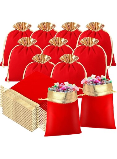 Velvet Jewelry Bags 20 Pcs, with Drawstrings Velvet Pouches Golden Soft Packaging Pouches, for Candy Presents Wedding Party Birthday Thanksgiving, Jewelry Velvet Lucky Bag (Red Golden, 10 x 12cm)