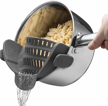 Pot Strainer and Pasta Strainer - Adjustable Silicone Clip On Strainer for Pots, Pans, and Bowls - Gray