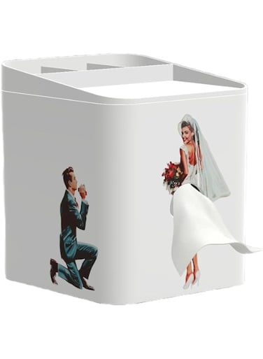 QYEZSOTL Square Tissue Box Holder, Bride and Groom Toilet Trash Receptacle, Stainless Steel with Handle, White