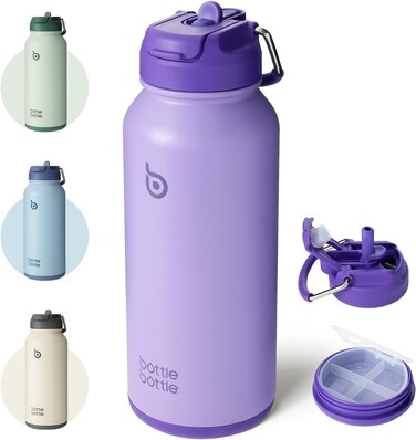 bottle Insulated Stainless Steel Water Bottle 32oz capacity. Great for Sports, Travel &amp; Gym. Includes Straw and Pill Box, Dual Use - Dark Purple