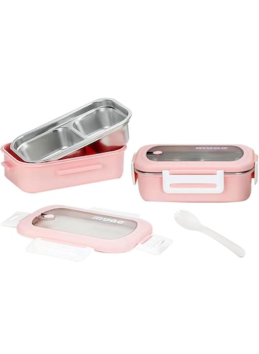 Lunch Box with Cutlery Insulated Bento Box for Kids/Adults 900ML 2 Compartments Bento Lunch Box Leak Proof Dishwasher and Microwave Safe 304 Stainless Steel (Pink)