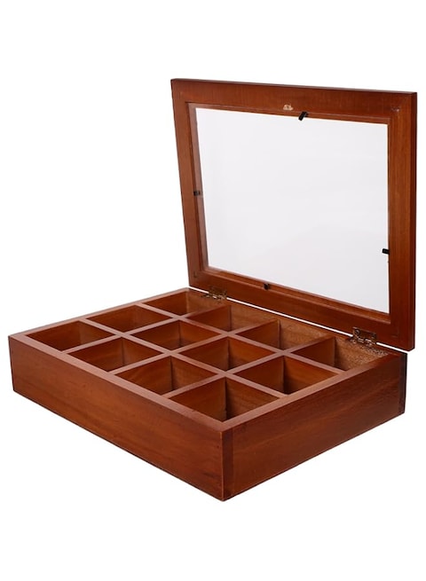 Amosfun Wooden Tea Box Organizer 12 Compartments Tea Storage Box Chest Tea Bag Holder Rack Storage Container Tea for Coffee Tea Sugar Sweeteners Drink Packets