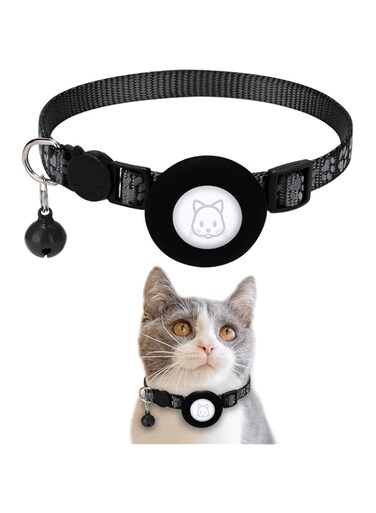 SimpleThings Airtag Cat Collar, Apple Air Tag Cat Collar with Safety Buckle and Bell, Reflective Cat Collar in 3/8" Width with Airtag Holder for Small Pets Cats Puppies Kitten