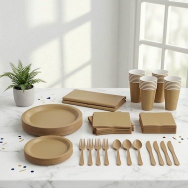 طقم مائدة حفلات فاخر باللون الذهبي – يكفي لـ 20 ضيف