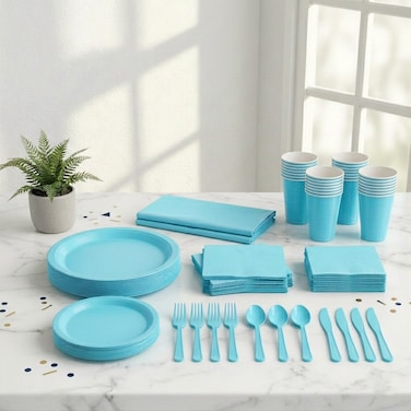 طقم مائدة حفلات فاخر باللون الأزرق الكاريبي – يكفي لـ 20 ضيف