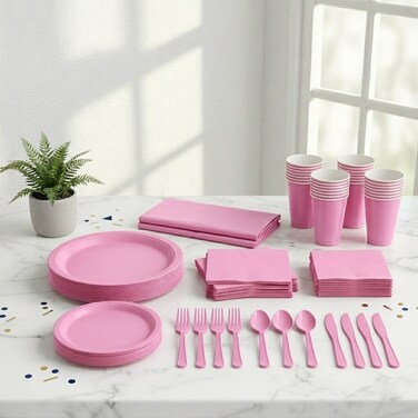 طقم مائدة حفلات فاخر باللون الوردي الجديد – يكفي لـ 20 ضيف