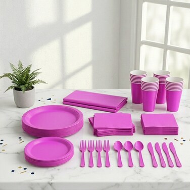 طقم مائدة حفلات فاخر باللون الوردي الزاهي – يكفي لـ 20 ضيف