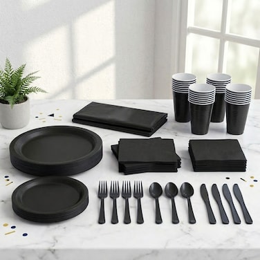 طقم مائدة حفلات فاخر باللون الأسود الداكن – يكفي لـ 20 ضيف