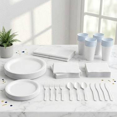 طقم مائدة حفلات فاخر باللون الأبيض الثلجي – يكفي لـ 20 ضيف