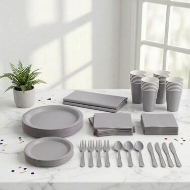 طقم مائدة حفلات فاخر باللون الفضي – يكفي لـ 20 ضيف