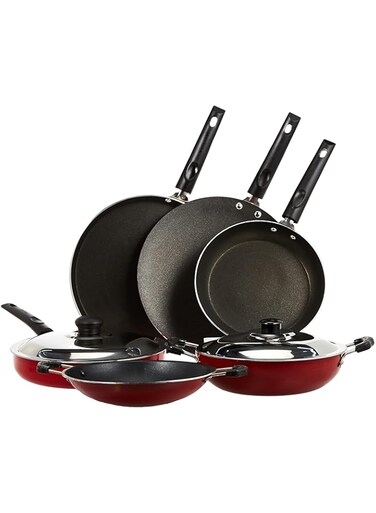 Nirlon Non Stick Aluminium Cookware Set, Red/Black, Set Of 6