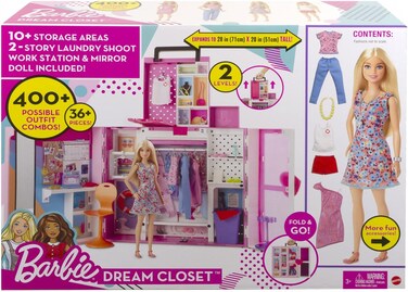 Barbie Doll and Dream Closet Set with Clothes and Accessories, 30+ Pieces and 15+ Storage Areas, HGX57