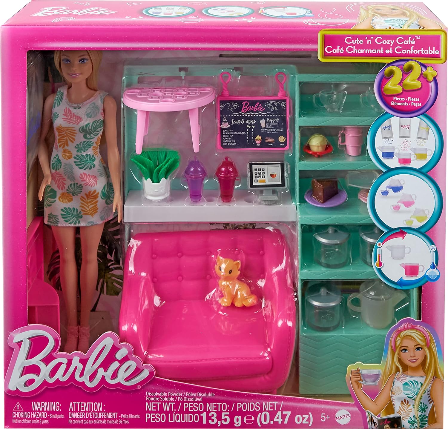 Barbie Cute &lsquo;n&rsquo; Cozy Caf&eacute; Doll and Playset, 21 Accessories with Color Change Teapot
