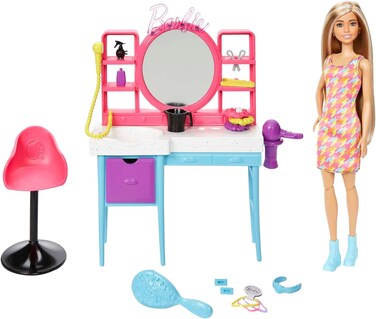 Barbie Doll and Hair Salon Playset, Color-Change Hair
