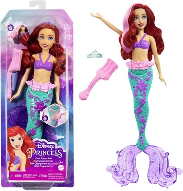 Disney Princess Toys, Ariel Mermaid Doll with Color-Change Hair and Tail, Color Splash Water Toy Inspired by the Disney Movie, HLW00
