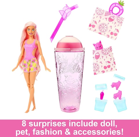 Barbie Pop Reveal Fruit Series Strawberry Lemonade Doll, 8 Surprises Include Pet, Slime, Scent &amp; Color Change
