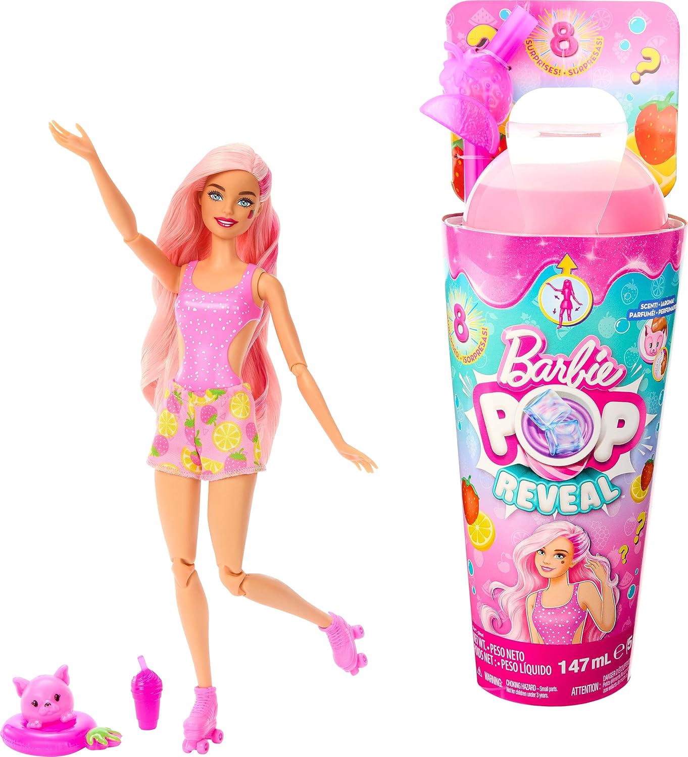 Barbie Pop Reveal Fruit Series Strawberry Lemonade Doll, 8 Surprises Include Pet, Slime, Scent &amp; Color Change
