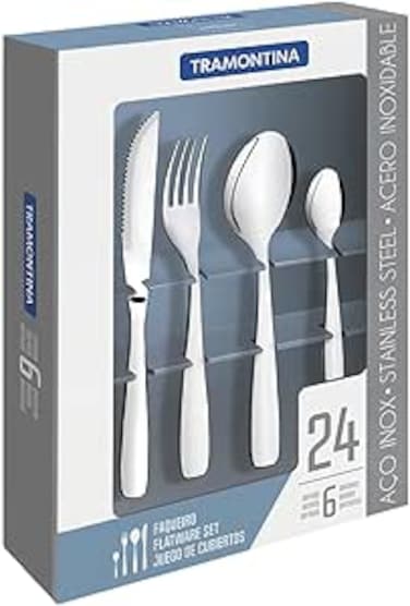 Amazonas stainless steel flatware set with steak knives, mirror finish 24 pc set