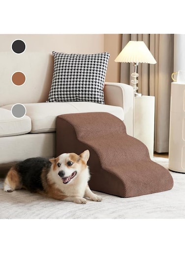 HENAE 3-Step Dog Stairs &amp; Steps for Small Dogs, 16inch Non-Slip Dog Stairs to Bed and Couch, High Density 30D Foam Pet Stairs for Older Dogs, Older Cats, Injured Dogs or Cats (Coffee)